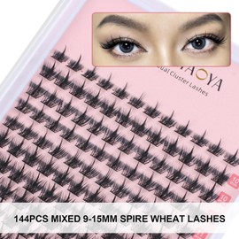 Cluster Eyelash Extensions Kit, 144 Pieces D Curl Mix 9-15 mm Spire Wheat Wide Stem Eyelashes with Lash Bond, Seal Applicator, Soft Natural False Eyelashes, DIY Individual Eyelashes at Home