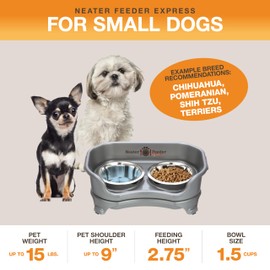 Neater Feeder Express Mess Proof Dog Bowls Elevated for Small Breeds Under 15 Lb, Made in USA, No Spill Raised Dog Food Bowl Stand, Stainless Steel Food and Water Bowl Set, Feeding Station, Grey