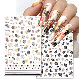 8 Sheets Fall Leaves Nail Art Stickers Gold Maple Leaf Self-Adhesive Nail Decals 3D Stickers Foil Autumn Maple Nail Designs Laser Shiny Manicure Tip Fall Nail Decorations for Thanksgiving Day Supplies