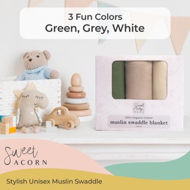 Sweet Acorn Muslin Swaddle Blanket – Soft Cotton Muslin Baby Blanket for Newborns, Infants, and Toddlers, All-Season Comfort Baby Essential - Green, Grey, White