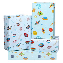 12 Sheets Space Wrapping Paper for Birthday Boys Outer Space Wrapping Paper Rocket Spacecraft Planet Star Printed Gift Wrap Folded Flat for Space Lover,Party - 20"×28"