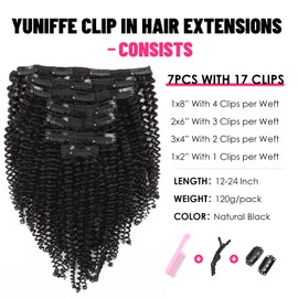 Yuniffe Kinky Curly Clip in Hair Extensions Remy Human Hair Extensions for Black Women 7pcs Kinky Curly Clip ins Double Weft Extensions Human Hair 120g Natural Black 12 Inch