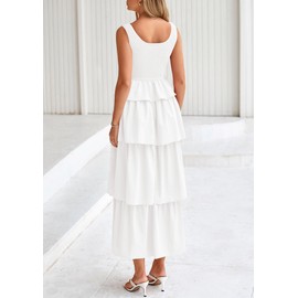 PRETTYGARDEN Womens 2025 Summer Sleeveless Midi Dress Scoop Neck A Line Smocked Ruffle Tiered Layered Beach Vacation Dresses (White,Medium)