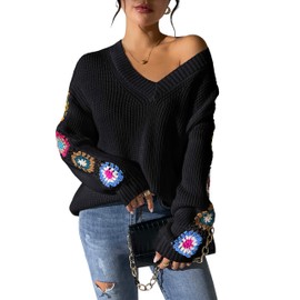 2024 Ladies Boho-Style Crochet Embellished Long Sleeve Sweater Winter V Neck Pullover Basic Knitwear Black Large