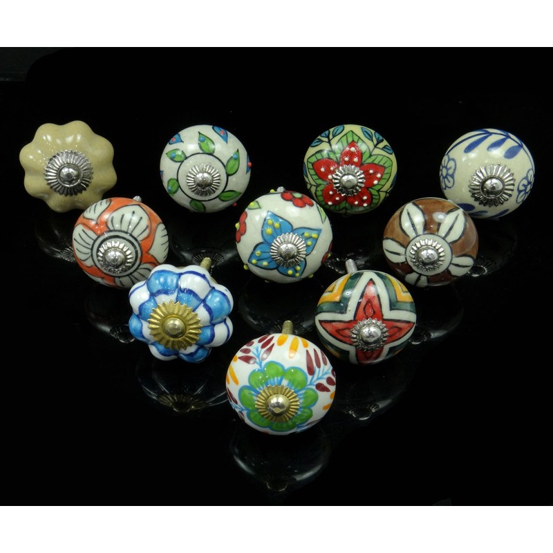 Indian Hand Painted Ceramic Drawer Knobs Lot Of 10 Pcs