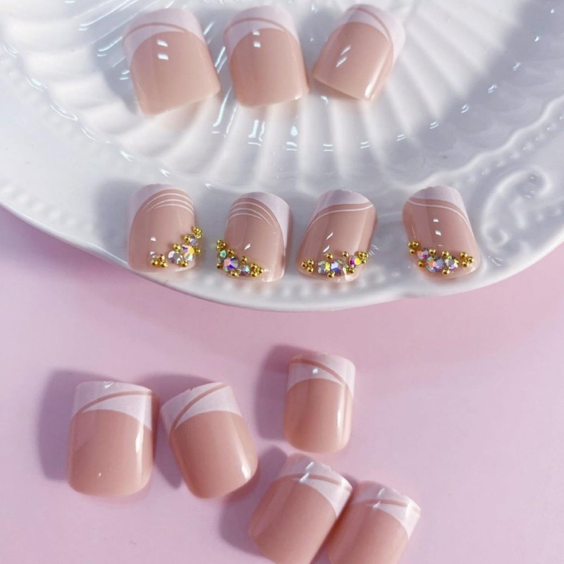 24Pcs, French False Nails Short，Classic French Fake Nails, White Tip