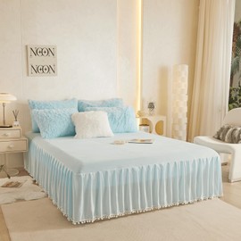 Pom Pom Velvet Bed Skirt, 22 Inch Drop Dust Ruffle Bed Skirt Soft Cozy Wrap Around Fitted Sheet, Fitted Bed Sheet with Skirt, Bedding Decor Fringe Bedspread (Blue, Queen)