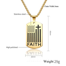SINLEO Men's Stainless Steel American Flag Cross Dog Tag Pendant Necklace Faith Bible Verse Jewelry Gold