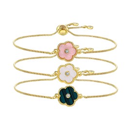 3Pcs Clover Link Bracelet for Women, Gold Flower Lucky 5 Leaf Zircon Link Chain Bracelet Set Birthday Valentine Christmas Jewelry Gifts Trendy for Mother Daughter Girlfriend Sister BBF