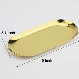 Bandeja decorativa de acero inoxidable, juego de 2, 9 pulgadas de largo, organizador de cosméticos para platos de joyería, bandeja de almacenamiento pequeña, ovalada, dorado