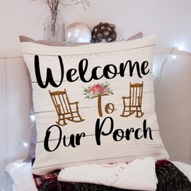Porch Throw Pillow Case Cushion Cover, Welcome to Our Porch, Summer Front Decor, Outdoor Decoration Farmhouse Decorative Home Decoration Flannel Decor for Sofa Bedroom Living Room,18x18 Inches
