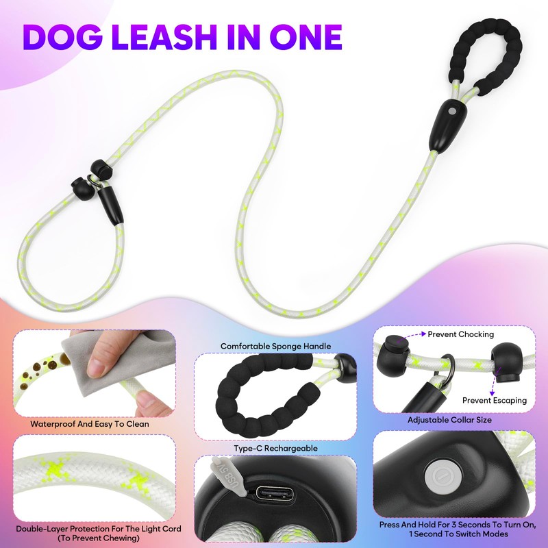 Light Up Dog Leash with Collar 2-in-1, 14 LED Modes