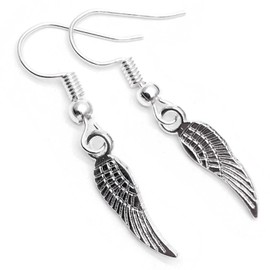 Angel Wings Charm Earrings, Tibetan Silver Charms on Nickel Free Antique Silver Tone Hooks : 34mm long, Everyday Drop Earrings for Angel Lover, Gift for Women