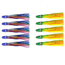 OCEAN CAT 5.5 Inches Weighted Squid Soft Plastic Trolling Lures Fishing Tackle Hoochie Octopus Skirts Bait for Offshore Big Game Saltwater Fishing (Purple+Green, Each Color 5 pcs (All 10 pcs))