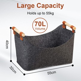 Janety Wood Basket for Firewood, 70 L Extra Thick Fireplace Wood Basket, Basket for Fireplace Wood with Reinforced Wooden Handle, Foldable Felt Basket for Shopping Bags, Wood, Newspapers, 55 x 32 x 40