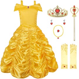 JerrisApparel Princess Dress Off Shoulder Layered Costume for Little Girl (2T, Yellow with Accessories)