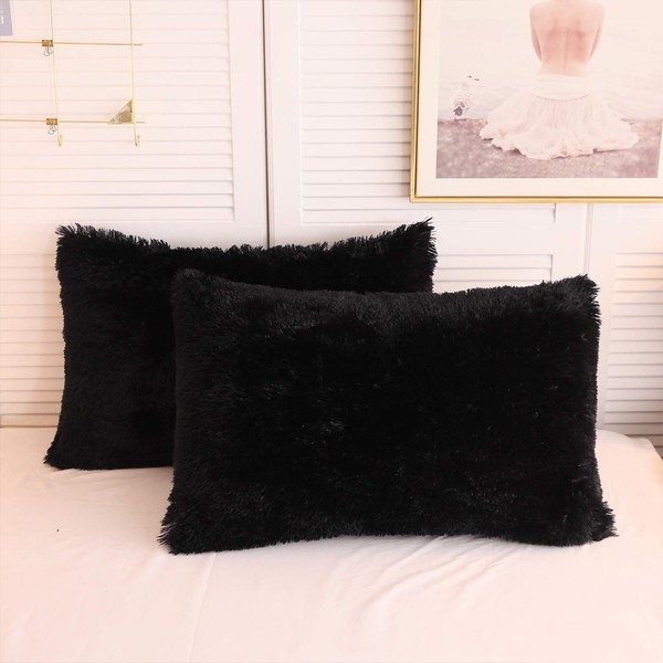XeGe Faux Fur Throw Pillow Cases, Plush Shaggy Ultra Soft Pillow Covers, Fluffy Crystal Velvet Decorative Pillowcases, Furry Fuzzy Pillow Shams Zipper Closure, Set of 2(Standard, Black)