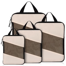 Jetsetta Extra Large Compression Packing Cubes with Mesh, Expandable Suitcase and Luggage travel packing cubes set for Travel Accessories（Cream 4 Set)