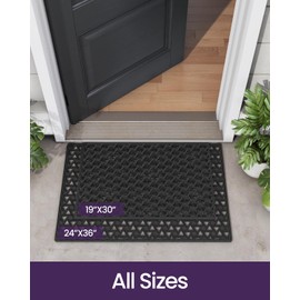 DEXI Front Door Mat Outside Entrance Rubber 19x30, Welcome Floor Doormat Heavy Duty Non Slip, Dirt Trapper Waterproof Exterior Entry Mats All Weather for Patio Entryway Drainage, Black