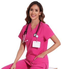 COZYFIT Scrub Tops for Woman - Soft Stretch, V-Neck Top Scrubs with 3 Pockets, Easy Care for Women Hot Pink