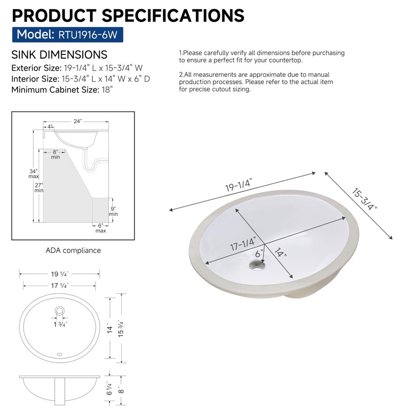 Wells Sinkware Oval 19 x 16 Ceramic Undermount Bathroom Sink