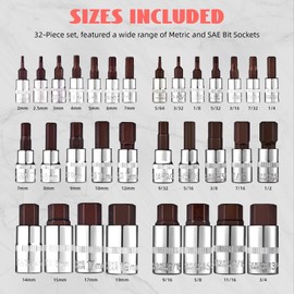Master Hex Bit Socket Set 32-Pcs, Allen Socket Set, 1/4'', 3/8”& 1/2'' Hex Drive Sockets, SAE & Metric, S2 Alloy Steel Combine with Cr-V, 5/64” to 3/4”, 2mm to 19mm-