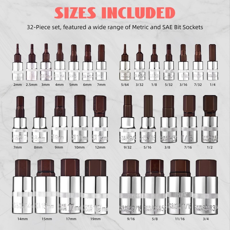 Master Hex Bit Socket Set 32-Pcs, Allen Socket Set, 1/4'',