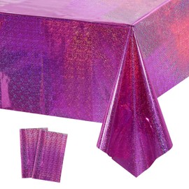 2 PCS Pink Iridescence Plastic Tablecloths, 54'' x 108'' Shiny Disposable Laser Rectangle Table Covers Holographic Foil Tablecloth for Birthday Bridal Wedding Anniversary Decorations, Pink & Purple