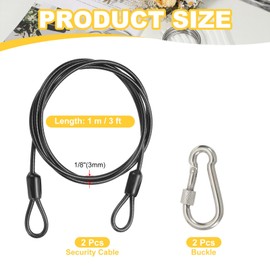 PATIKIL Security Cable 3 ft x 1/8" (3mm), 2Pcs Braided Stainless Steel Coated Safety Wire Rope with Double Loop for Travel Luggage Bicycle Lock Cable, Black