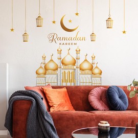 49.34 x 31.37 Inch Ramadan Kareem Wall Decal Eid Mubarak Ramadan Decor Sticker Gold Lantern Moon Star Mosque Stickers for Door Windows Living Room Bedroom Home DIY Art Decorations