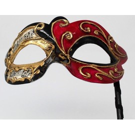 VENETIAN MASQUERADE CARNIVAL PARTY EYE BALL MASK BLACK RED & GOLD WITH MUSICAL NOTES SCRIPT ON A STICK-HAND HELD