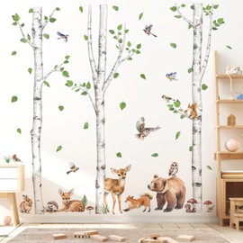 wondever Large Birch Tree Animals Wall Stickers Forest Owl Fox Bear Deer Peel and Stick Wall Art Decals for Baby Nursery Kids Bedroom Living Room