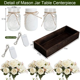Nagobi Mason Jar Centerpiece Table Decor for Dining Room Farmhouse Coffee Table Decor with Wood Tray Fairy Lights Fake Flowers for Valentine's Day Kitchen Living Dining Room - White