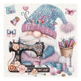 Cute Blue Gnome Puzzles for Adults 1000 Pieces, Vintage Flower Sewing Machine Jigsaw Puzzles, Funny Challenging Puzzle as Spring Art