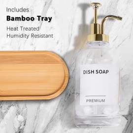 Dish Soap Dispenser for Kitchen, Hand Glass Soap Dispenser Set with Pump, Tray, Funnel for Bathroom, Shower, Laundry, Liquid, Lotion (Gold 2 Pack 18 Oz Clear Bottles with 12 Stickers)