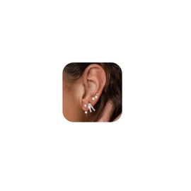 MACACHII Sterling Silver Post Earrings for Women | 3-Pair Set of Hoops, Studs, and Climbers for Multiple Piercings | 14K Gold Plated Huggie, Cartilage, Dainty Stacking Christmas Earrings