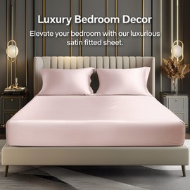 BEDELITE Satin Fitted Sheet and Pillowcase Set, Luxury Soft Similar to Silk Bottom Bedsheet with Elastic Corner Straps, Deep Pocket up to 15 Inch, 1 Fitted Sheet and 1 Pillowcase(Twin, Pink)
