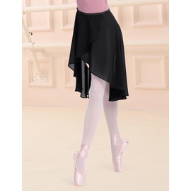 DanceDaily Women Black Wrap Dance Skirt Adjustable Waist Chiffon Ballet Skirt with Short Front and Long Back