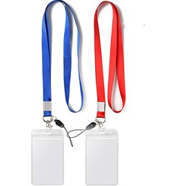 YOUOWO 2 Pack ID Badge Holder with Blue Red Lanyard Strap Neck Strings Lanyard with Vertical Name Tag Card Holders Punched Zipper Waterproof Resealable Clear Plastic