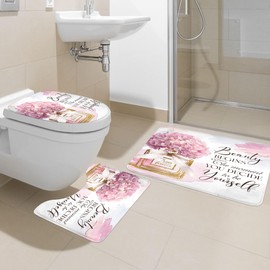 Ufeela 4 PCS Fashion Floral Perfume Bathroom Set with Shower Curtain and Rugs 72Wx72H Inch Gold Pink Quotes Flower Non-Slip Bath Rug Toilet Lid Cover and U Shape Mat Accessories 12 Hooks Bathoom Decor