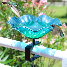 MUMTOP Deck Mounted Bird Baths for Outdoors, Glass Bird Baths Bowl with Adjustable Sturdy Steel Fence Clamp for Garden Patio Lawn Yard Deck Balcony Railing, Blue