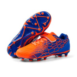 FEETHING Kids Soccer Cleats for Boys Girls Soccer Shoes Firm Ground Youth Lightweight Athletic Training Football Cleats for Little/Big Kid,Blue/Orange,5.5 Big Kid