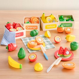 ROBOTIME Play Food Toys for Kids, Pretend Wooden Toy Food with Cutting Fruit Toys, Knife, Plate, Napkin and Fruit Sorting Storage Box, Play Kitchen Accessories, Color & Fruit Recognition for Kids 3+