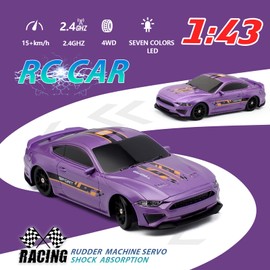 1:43 Scale Mini Racing Drift Car Model，2.4GHz Remote Control Car, 4WD High Speed Race with Lights,Racing Tires,RC Toys Hobbyist Gift for Adults, Kids, Boys, Girls (Purple)
