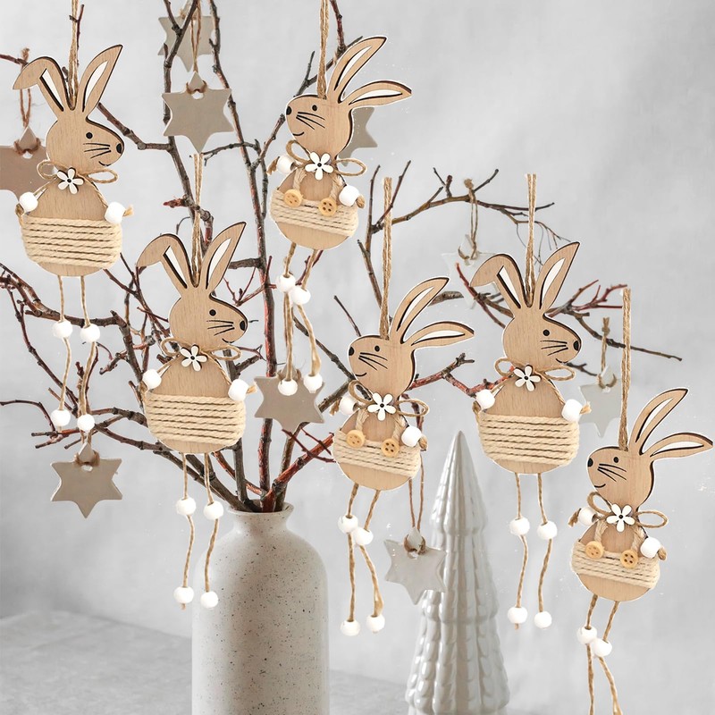 DAHI Wooden Easter Bunny Pendants 6 Pieces Easter Pendant Rabbit