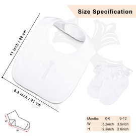 Geyoga 3 Pcs Baptism Bib for Baby Girl Baptism Candle Set Socks Pearl Headband Embroidered White Christening Outfit Bib(6-12 Months)