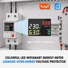 SINOTIMER Colorful LED WiFi Smart Energy Meter, AC 63A 80-300V WiFi Earth Leakage Over Under Voltage Protector, Circuit Breaker Din Rail, Electricity Energy Monitor APP Remote Control Smart Life 230V