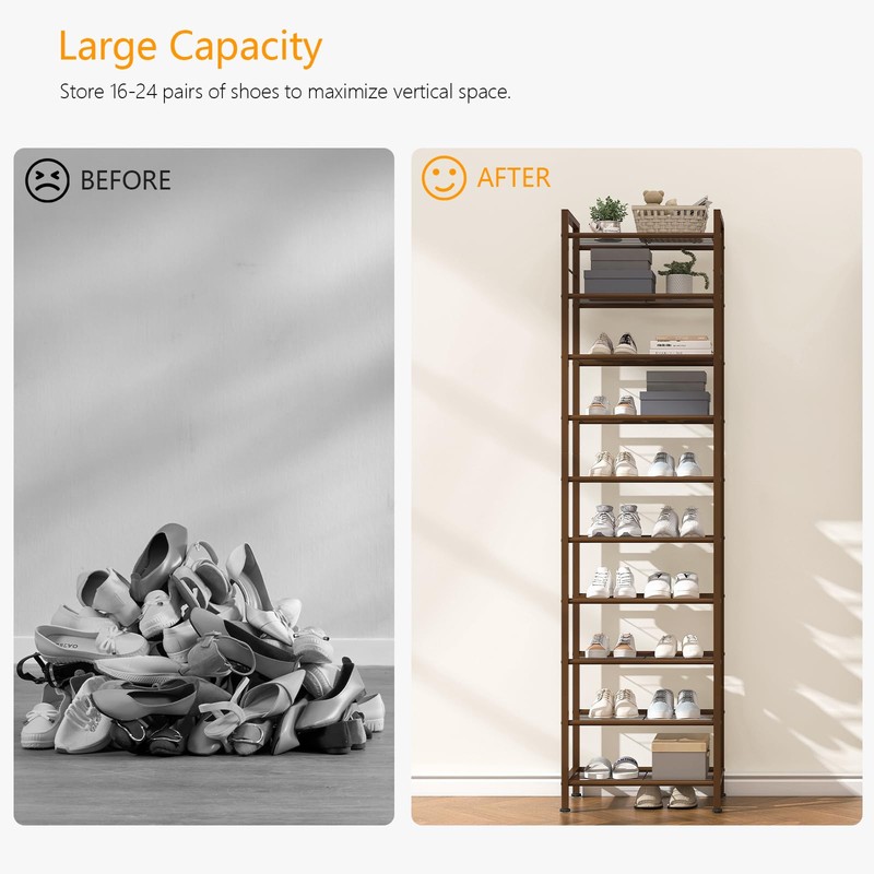 usikey 10 Tiers Narrow Shoe Rack 20-30 Pairs, Sturdy Metal
