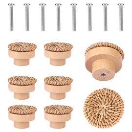 SAVITA 8pcs Wood Drawer Knobs, Boho Rattan Drawer Pulls Wooden Knobs Round with Screws for Cabinets Dresser Handles Boho Wood Furniture
