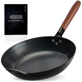 YOSUKATA 11.8" Carbon Steel Frying Pan – Non-Toxic Pre-Seasoned Skillet with Removable Wooden Handle – Coating-Free Wok-Style Pan for Gas, Induction, Electric, Oven & Grill BBQ